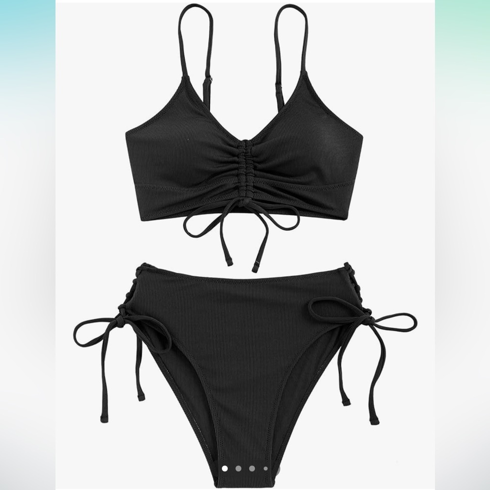 Women's V Neck Tie Front Ruched Bikini Set Size L Ribbed Print